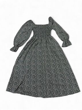 Emerald Green Floral Midi Dress Smocked Bodice Puff Sleeve Cottagecore Size 14